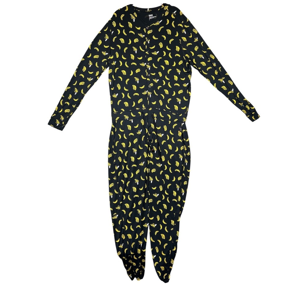 Saxx Nightcrawler Banana Print One Piece Pajamas Size Large Black‎ Yellow Cozy